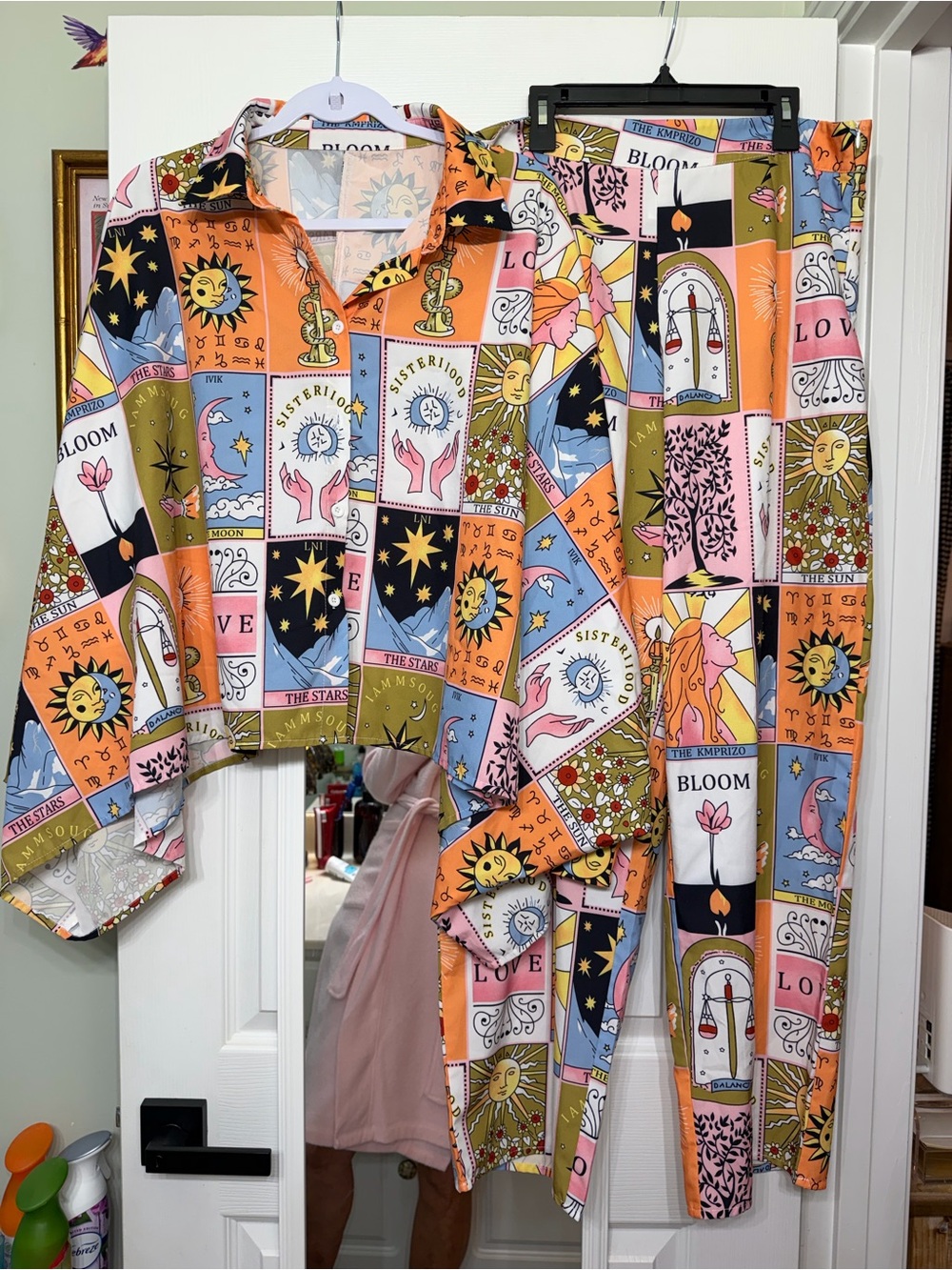 Multicolor Tarot Print Button-Down Shirt and Pants Set